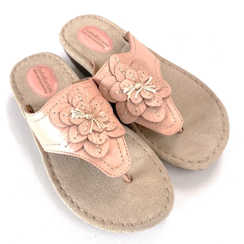 Croft and Barrow Roberta Pink Leather Flower Thong Sandals,‎ Size 7 1/2 Med, NWT